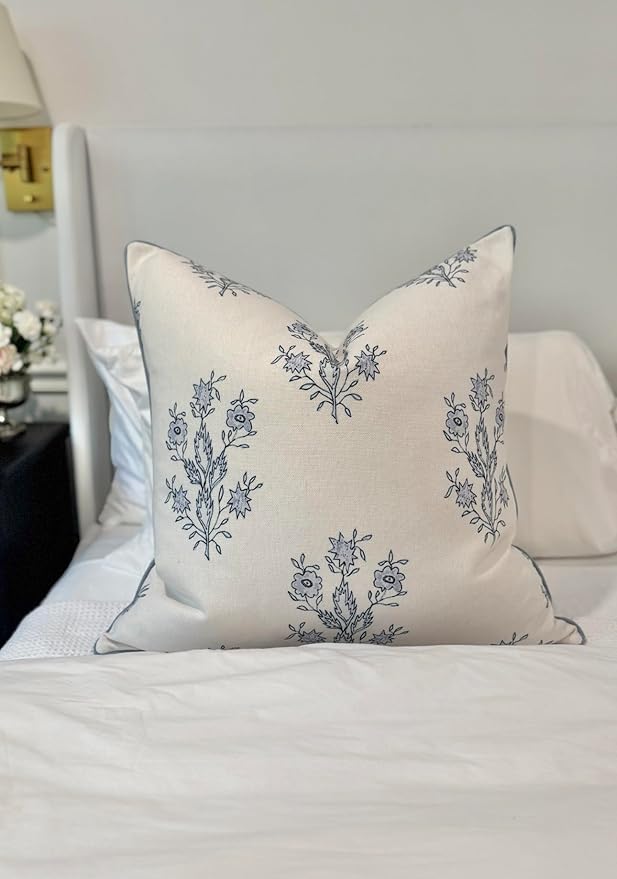 Jillien Harbor "The Mary Block Print Floral Decorative Pillow Cover – Double-Sided Blue & White Periwinkle Accent Pillow Cover – Grandmillennial Home Decor – 26"x26"