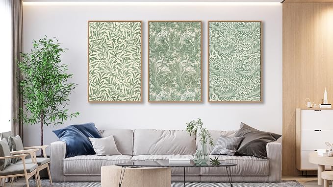 Large Flowers Wall Art for Living Room Natural Wood Float Framed Art Set of 3 William Morris Floral Canvas Picture Vintage Artwork Green Botanical Leaf Art Prints for Bedroom Wall Decoration 20"X28"X3