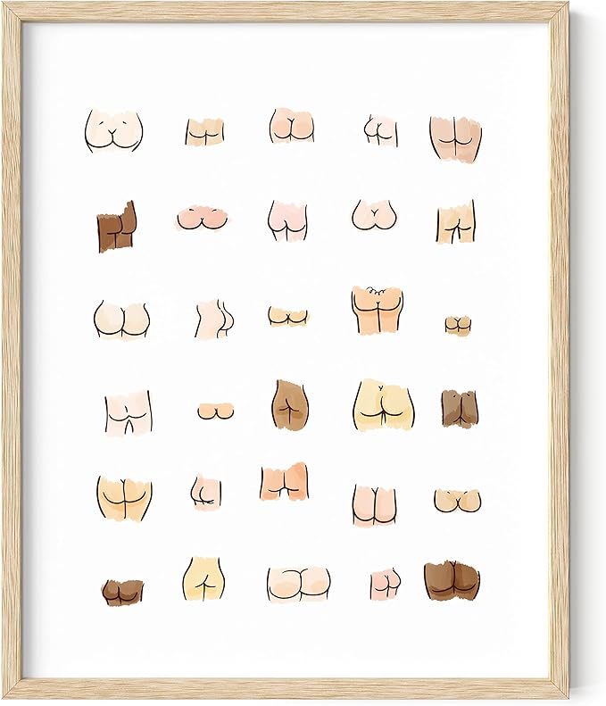HAUS AND HUES Funny Bathroom Art - Butts Collage Cute Bathroom Decor, Sign, Wall Art (Beige Frame, 16x20)