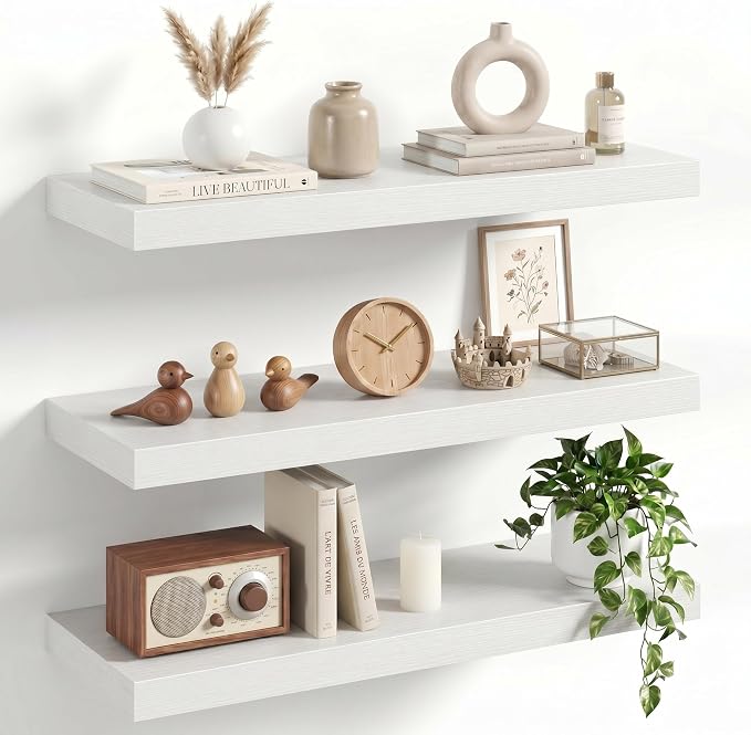 24" Floating Shelves for Wall, Set of 3, 8" Deep, 1.5" Thick, White | Rustic Wood Wall Shelves with Invisible Brackets, Storage and Display for Bathroom, Bedroom, Living Room or Kitchen