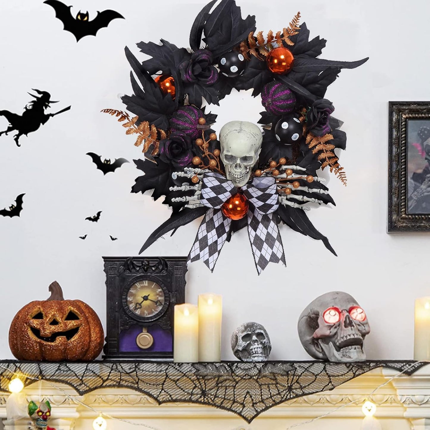 Adeeing Halloween Wreath for Front Door Halloween Skeleton Decorations, 20 Inch Pumpkin Wreath with Skull Black Roses Maple Leaves for Window Indoor Outside Home Party Decor