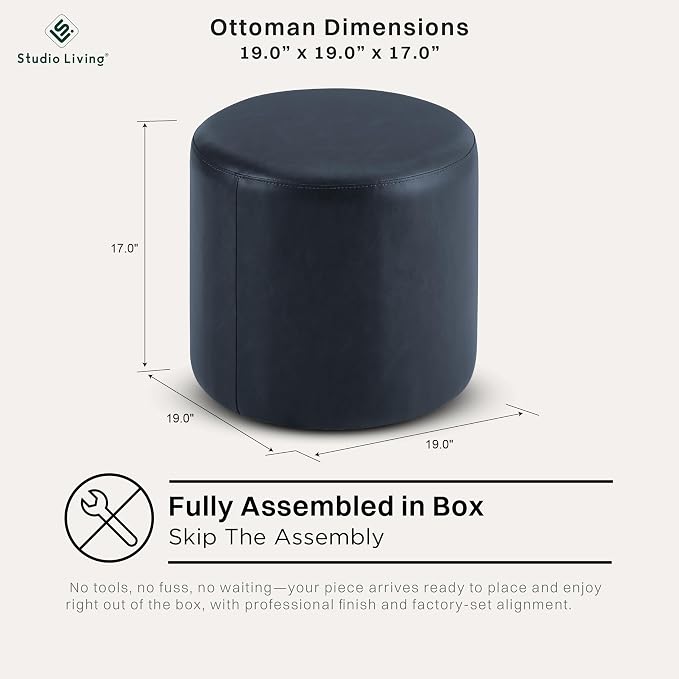 Studio Living® 19” Wentworth Ottoman Round Faux Leather Bench, Stationary Ottomans, Backless Chair, Footrest for Living Room, Footstool Office, Bedroom, Padded Seat, Navy Blue