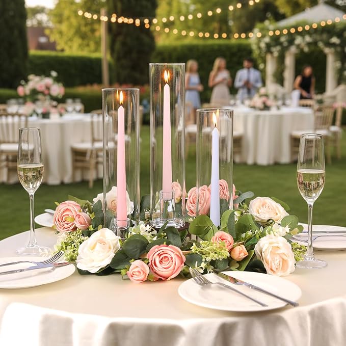 6 Set Hurricane Glass Candle Holders for Taper Candles, Assorted Heights Candlestick Holders with Windproof Glass Tubes (11.8/12.6/13.8"), Taper Candle Holders for Wedding Table Decor, Party, Events