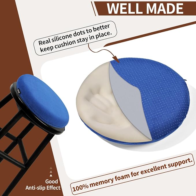 BUYUE Memory Foam Seat Cushion, Dia 13" Soft Velvet Round Stool Cushion Anti-Slip Chair Pads, S, Navy Blue