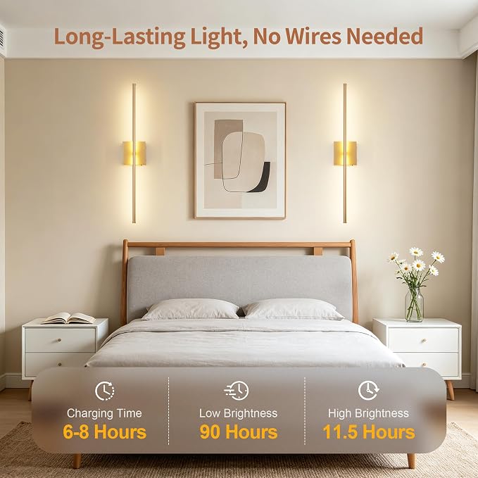 KARTOOSH 28.3 Inch Wall Sconces Battery Operated for Living Room Gold | Rechargeable Wireless Wall Lamp Set of 2, 3000K Warm White Dimmable Wall Light Remote Control Indoor Lighting for Bedroom
