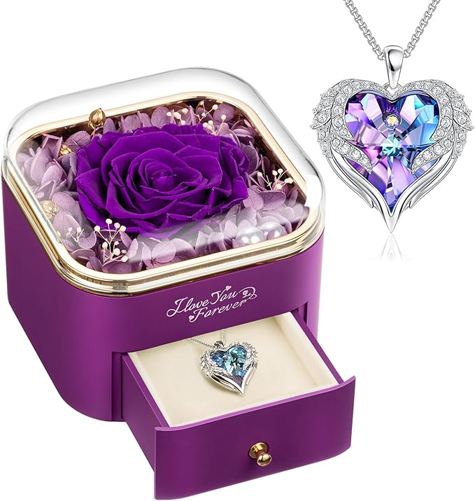 Preserved Real Purple Rose with Angle Wings Necklace, Forever Flowers Gifts for Mom Grandma Wife Girlfriend at Valentines Mothers Day, Anniversary Birthday Gifts for Women, I Love You Gifts for Her