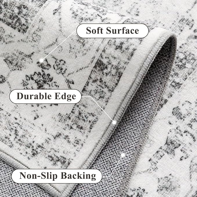 PureCozy Grey 3x5 Entryway Rug Vintage Area Carpet Indoor Kitchen Washable Door Mat Entrance Small Low Pile Traditional Distressed Retro Accent Throw Rug Non Slip Office Bathroom