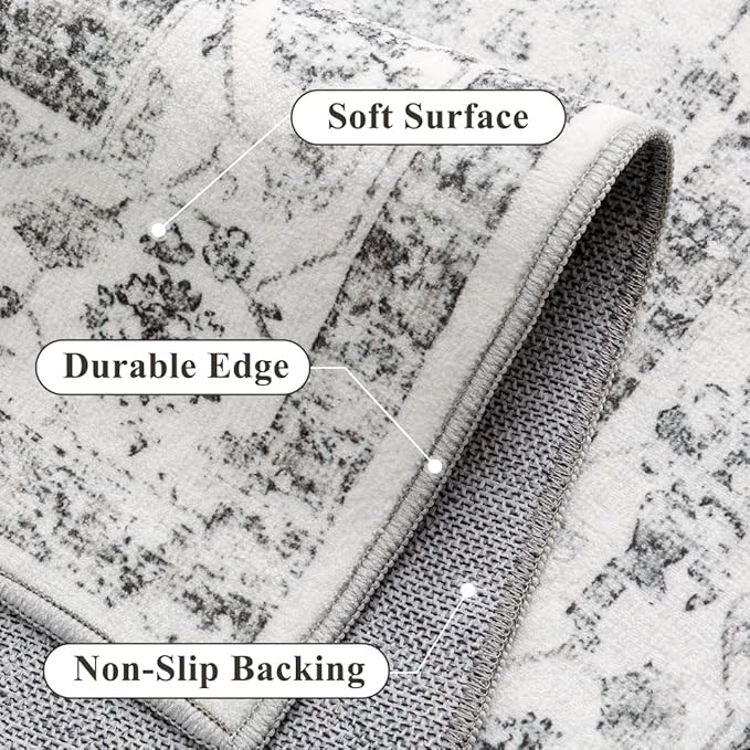 PureCozy Grey 8x10 Area Rug Vintage Washable Living Room Carpet Non Slip Bedroom Indoor Office Low Pile Large Traditional Distressed Retro Accent Rug for Dining Room Bathroom Kitchen
