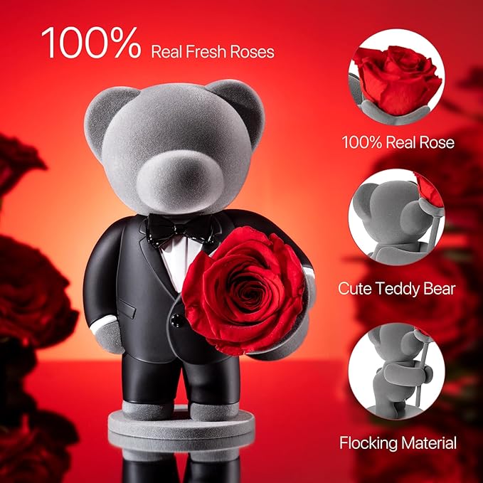 JoyFlower Preserved Flowers with Cute Teddy Bear in Suit, Unique Gentleman Bear Eternal Real Red Rose Romantic Gift with Elegant Gift Box for Girlfriend Wife Her in Valentines Birthday Anniversary