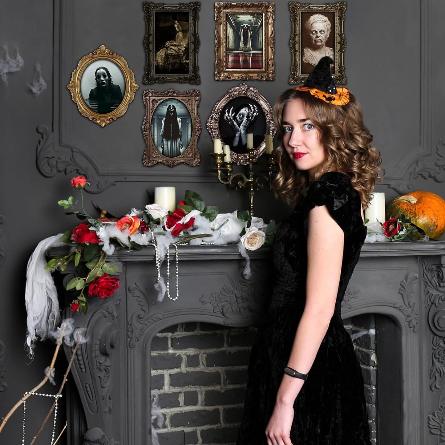 15 Halloween Gothic Mansion Haunted Horror Picture Frames, Waterproof Durable, with 80pcs Self Adhesive Dots, Photo Decorations For Haunted Home Family Castle Masquerade Party 2025 Color