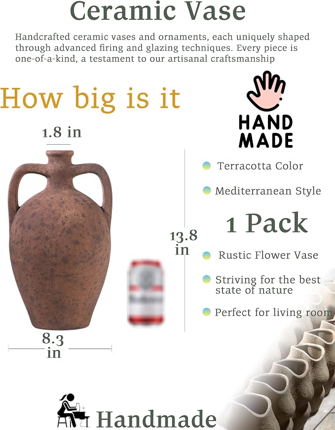 UPWOIGH 13.8in Terracotta Vase with Handles | Rustic Brown Finish, Distressed Ceramic Texture, Amphora Style, Pampas Grass Display, Mediterranean Farmhouse Décor