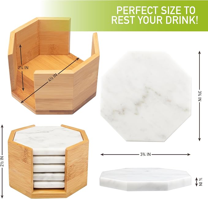 White Carrara Marble Coasters (Set of 5)- Durable, Thick Coasters w Coaster Holder for Easy Storage - Protects Any Table Type & Fits Any Mug, Drinking Glass, Barware -Great Wedding