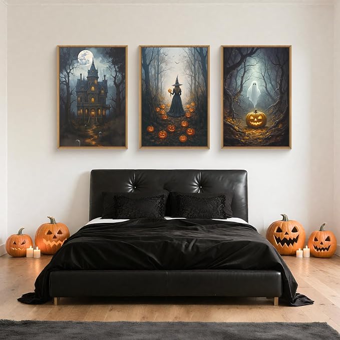 Halloween Moon Castle Framed Canvas Wall Art Set, Scary Dark Forest Witch Wall Decor, Cute Ghost Wall Painting, Pumpkin and Bats Art Prints for Gothic Party, Living Room, Club -24"x36"x3