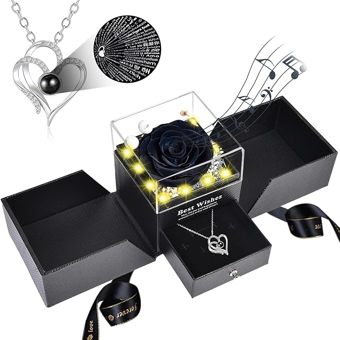 Pasuvsigt Valentines Day Rose Gifts for Her, Preserved Real Rose with I Love You Heart 100-Language Necklace, LED Lights & Music Box, Anniversary Birthday Valentines Gifts for Women Girlfriend Mom