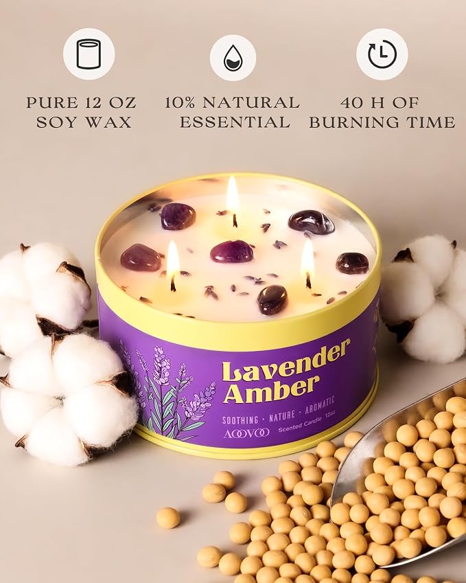 AOOVOO Lavender Amber Candle for Relaxation - 3 Wick 12oz Large Scented Candle with Amethyst & Dried Lavender Inside, Soy Wax Non Toxic for Sleep, Meditation, Aromatherapy Gift for Women Men