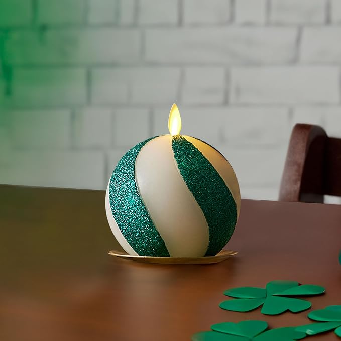 Luminara - Flameless Holiday Crystal Beads Glitter Sphere Candle - Candy Cane Green- Pack of 1-4x4.25 - Auto Timer Built-in 5-Hour Timer Indoor Use