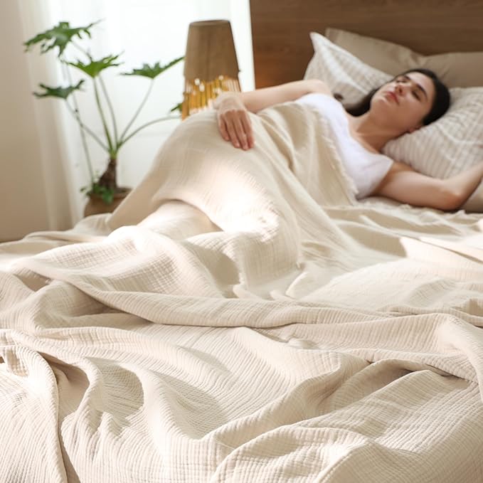 MooMee Muslin Blanket - 100% Cotton 4-Layer Gauze Throw Blanket with All-Around Fringe, Soft Breathable Lightweight Cooling Summer Blankets for Bed Couch (Beige,Oversize Queen 98" x 98")