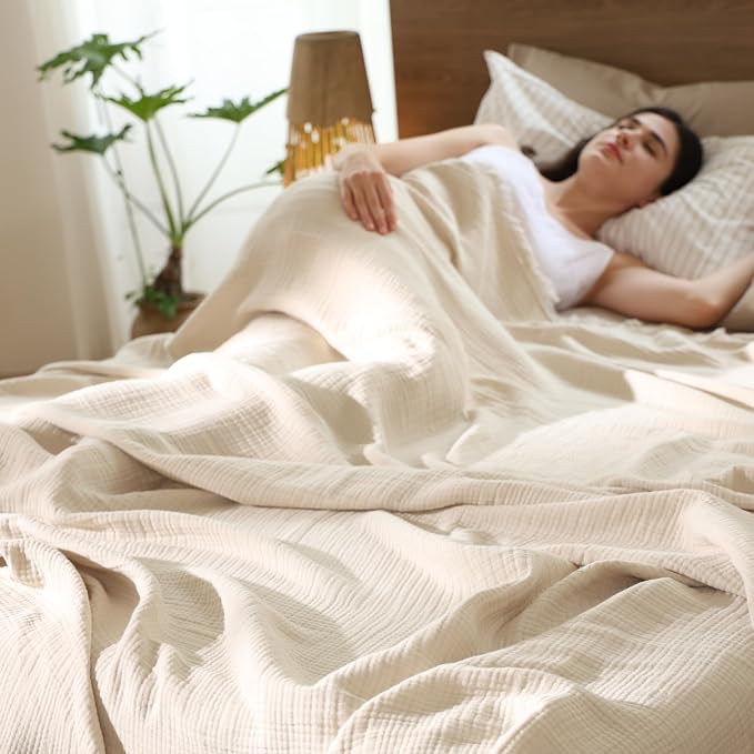 MooMee Muslin Blanket - 100% Cotton 4-Layer Gauze Throw Blanket with All-Around Fringe, Soft Breathable Lightweight Cooling Summer Blankets for Bed Couch (Beige,Queen 90" x 90")