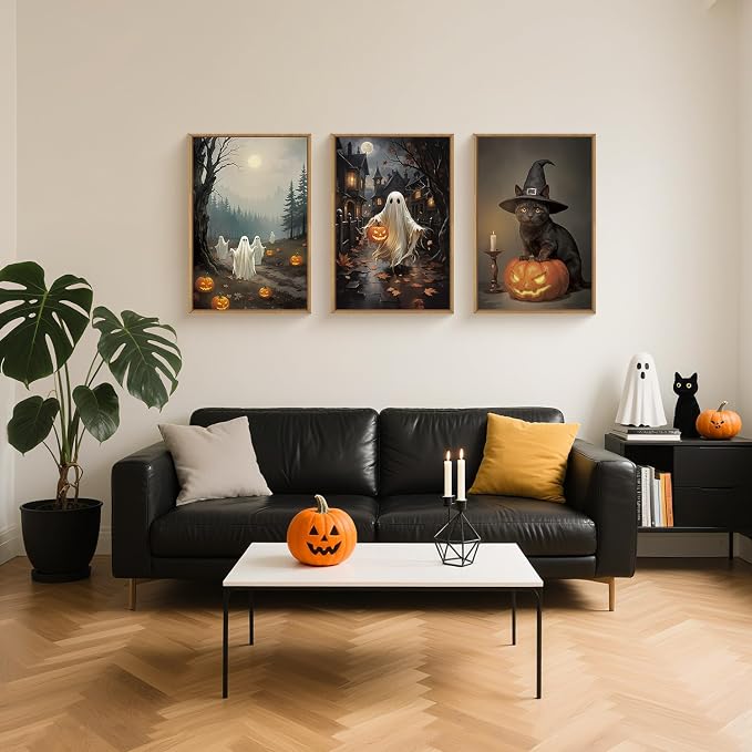 Spooky Halloween Ghost Lighted Pumpkin Framed Canvas Wall Art Set,Gothic Inspired Cute Black Cat Witch Hat Wall Decor,Vintage Foggy Forest Castle Artwork for Living Room, Bedroom-24 x36 x3