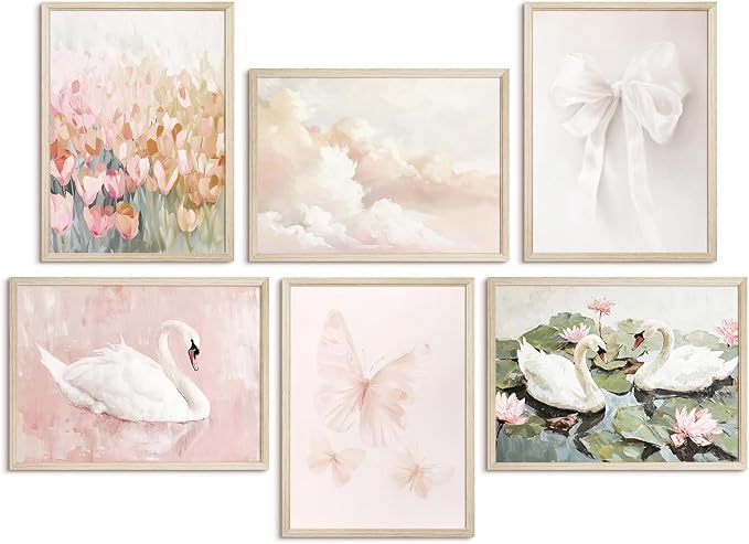 Coquette Pink Wall Art Decor Aesthetic Swan Posters Bow Flower Canvas Wall Art Preppy Cute Pictures Trendy Butterfly Posters Coquette Aesthetic Prints for Girl Dorm Bedroom 8x10x6 Inch Wood Framed