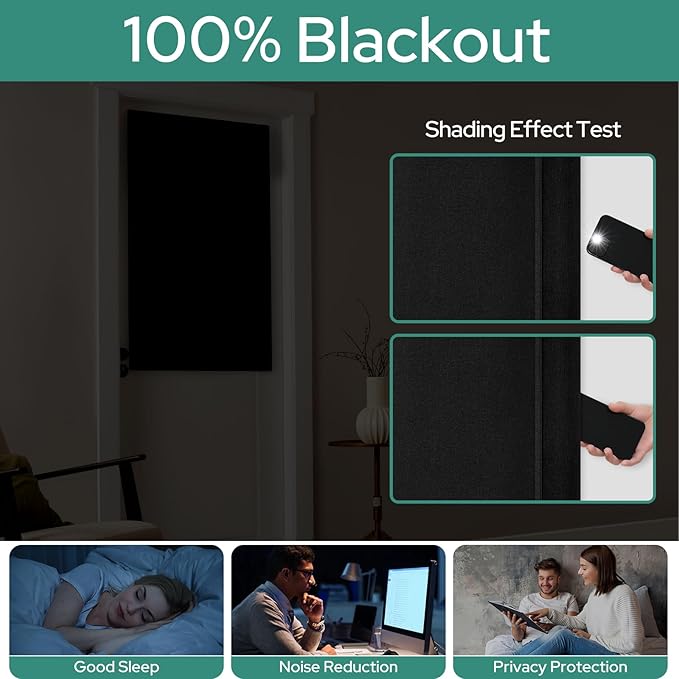 HOMEIDEAS 100% Linen Blackout French Door Curtains, Privacy Door Window Curtains, 26 X 40 Inch Room Darkening Blinds, Thermal Insulated Shades for Bedroom, 1 Panel, Black