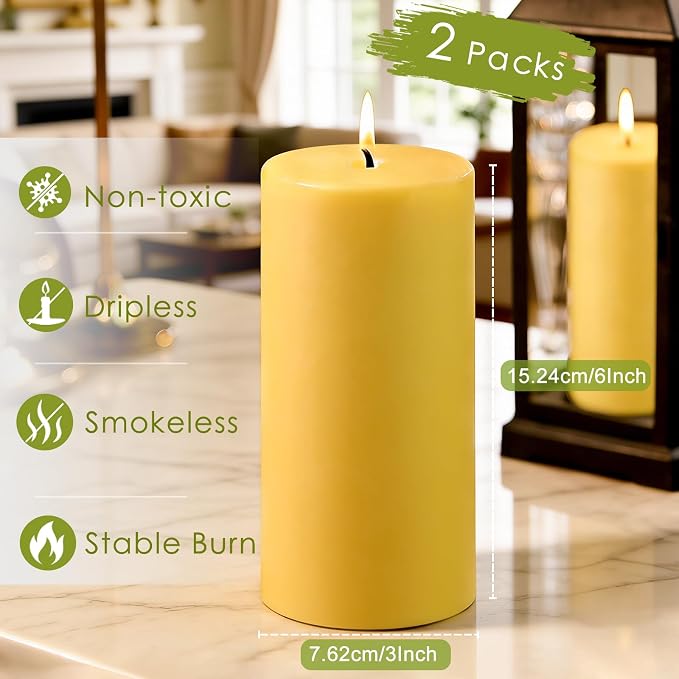 Natural Beeswax Candles Pillar 3x6 Inch, 2 Packs, Large Pure Beeswax Pillar Candles for Emergency Prayer Home Decor, 100 Hours Long Burning Time Bees Wax Candle for Relax, Smokeless & Dripless