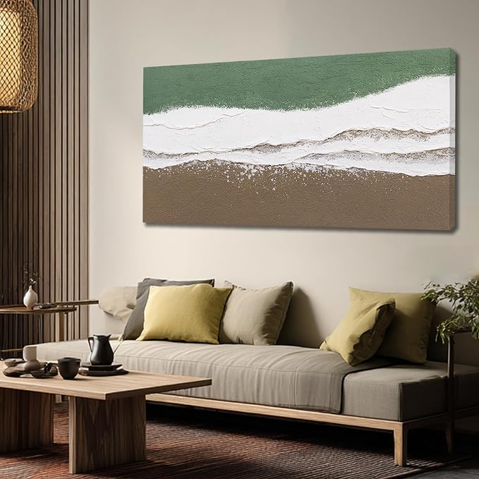 ZUNARE Abstract Green and White Wall Art Modern Canvas Painting with Soft Flowing Texture, Neutral Brown Tones Calming Artwork for Living Room Bedroom Kitchen Office Wall Decor 24"x48"
