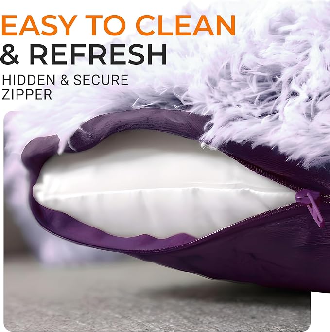 Cheer Collection Throw Pillows for Couch and Bed, Soft Shaggy Throw Pillows with Inserts Included, Cozy Long Hair Faux Fur Pillows - Set of 2-12" x 20" - Purple