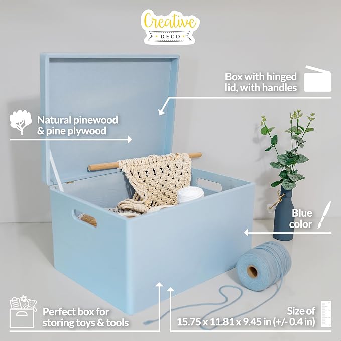 Creative Deco Large Blue Wooden Box Storage with Hinged Lid | 15.8x11.8x9.44in (+-0.5) | Keepsake Gift Box Storage Document | Wood Chest Trunk PRODUCT NOT INTENDED FOR 15 YEARS OR BELOW | Solid pine storage box with a lid for keepsakes, crafts, station...