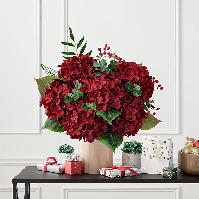 JINWOE Red Christmas Flowers Silk Hydrangea Artificial Flowers, 5Pcs 20Inch Large Lifelike Flowers,Halloween Artificial Hydrangeas for Bouquet Table Centerpieces Floral Arrangements Home Wedding