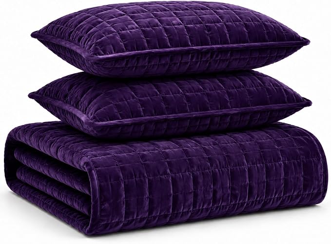 Tribeca Living Luxury Velvet Quilt King Size Set - 260GSM Ultra-Soft Oversized Velvet Bedspread Comforter Set with 2 Shams, in Florence Purple