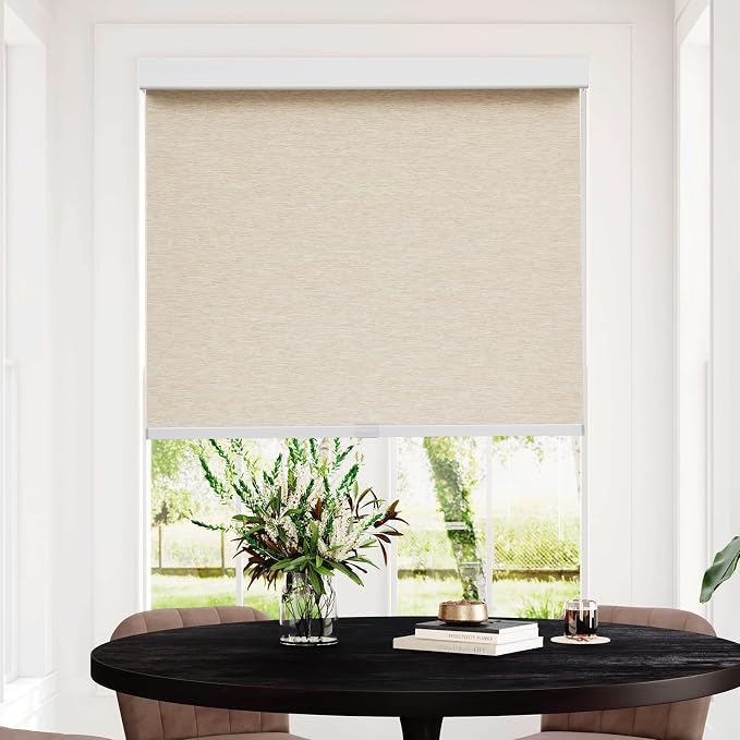 Persilux Custom Size Free-Stop Shades with Valance, Natural Woven Cordless Blinds, Light Filtering Roller Shades for Home, Roller Window Shades, Door Blinds for Windows (Khaki)