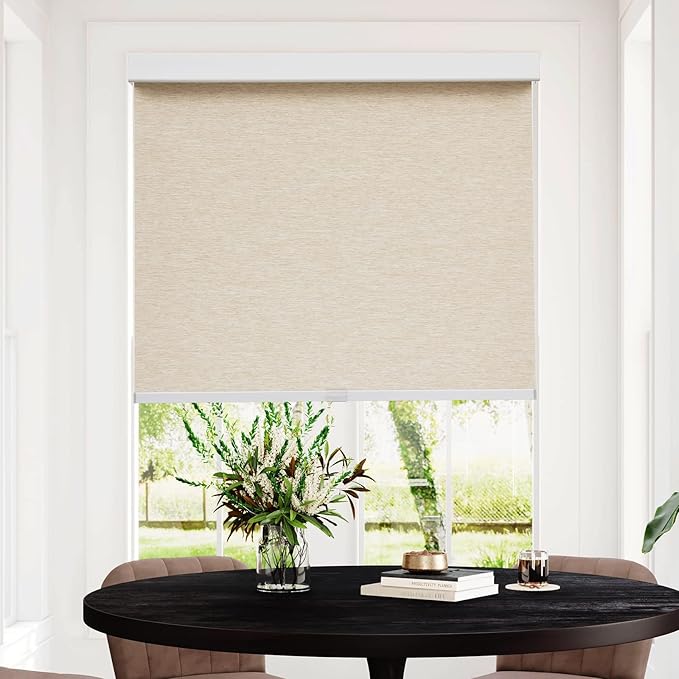 Persilux Free-Stop Cordless Windows Shades Light Filtering Roller Blinds for Windows (Khaki 45" x 72") Natural Woven Fabric UV Protection Privacy Roller Shades for Windows, Home, Office, Doors