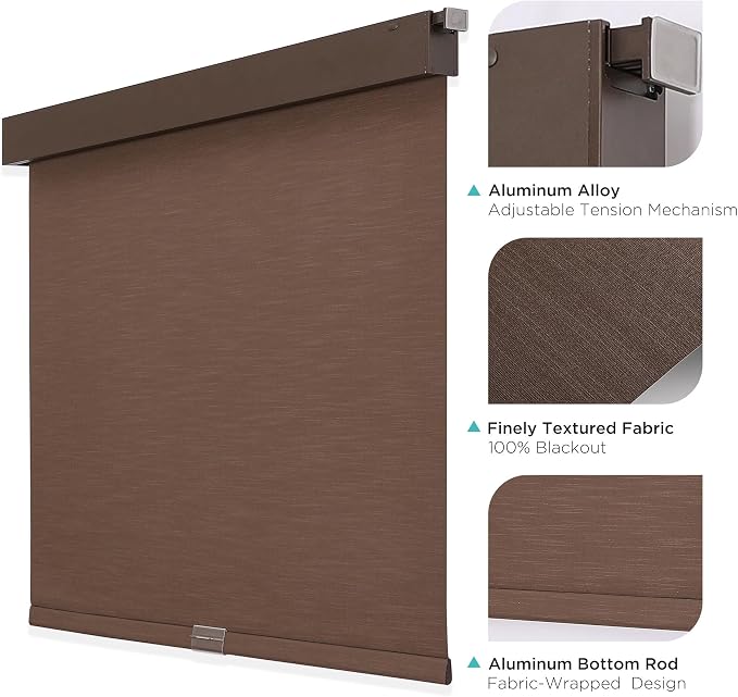 Joydeco No Drill Blackout Shades, Free-Stop Cordless Roller Shades, UV Protection, Thermal Insulated Blinds for Indoor Windows, Easy Install Window Blinds for Home and Office (Coffee, 46" W X 75" H)