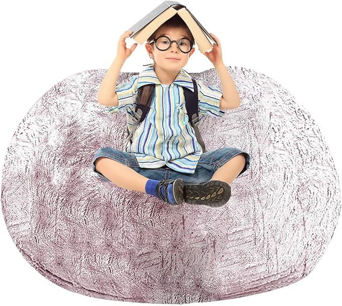 BCU Bean Bag Cover Comfy Beanbag Chair for Adults Without Filler Faux Fur Floor Chair Lazy Sofa Cover Comfy for Living Room Chairs, Silver Red, 3.5FT