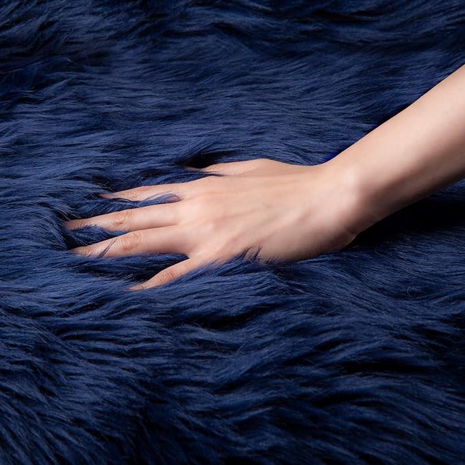 Ashler Faux Fur Rug, Dark Blue Area Rugs, Fluffy Sheepskin Fur Rug, Fuzzy Ultra Soft 2 x 6 Ft Rugs, Machine Washable Shag Rug, Nursery Throw Rugs for Bed, Living, Kids Room