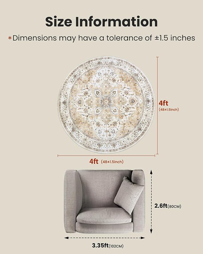 AMADA HOMEFURNISHING Round 4ft Area Rugs, Low-Profile Washable Rug with Non-Slip Backing & Durable Edge Binding, Vintage Rugs for Living Room, Bedroom, Dinning Room