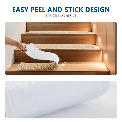 Stair Treads for Wooden Steps Indoor, 8" X 30" Non Slip Carpet Stair Treads with Reusable Adhesive for Kids Elders and Dogs, Surface Polyester TPR Backing Stair Rugs -4 Pack