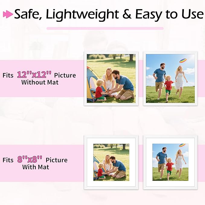 12x12 Picture Frame 2 Pack, White Photo Frames Collage for Wall Hanging, 12 x 12 Square Wall Gallery Poster Frame with Clear Plexiglass, Display Pictures 8x8 with Mat or 12x12 Without