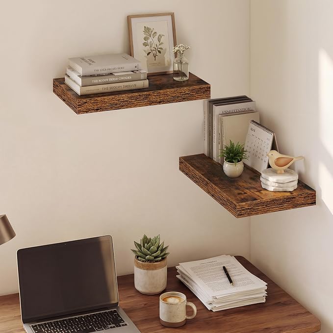 Dreamland 16 Inches Floating Shelves for Wall,9.3" Deep Long Floating Shelves Set of 2,Large Display & Storage Shelf,Wall Shelf for Bathroom Bedroom Living Room Kitchen Office,Rustic Brown