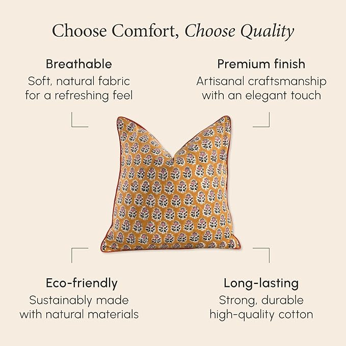 CPC 100% Cotton Throw Pillow Covers 20x20 Inch, Set of 2 Yellow Block Print Pattern Couch Pillow, Cute Boho Decorative Pillows for Living Room, Bedroom with Hidden Zipper- Yellow Citrine