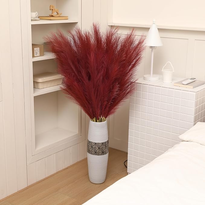 Wertuirk Burgundy Pampas Grass Decor, 8 Pcs 45 Inch Tall Large Faux Pompous Grass, Long Artificial Flowers for Floor Vases, Wedding Centerpieces, Baby Shower and Home Decoration (Burgundy)