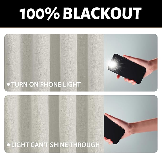 Yakamok Cream Linen Curtains 100% Blackout 63 Inches Long,Room Darkening Textured Curtains for Living Room Thermal Grommet Bedroom Curtain 2 Panels with Greyish White Liner