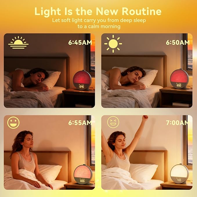 Vivilumens Sunrise Alarm Clock, Gentle Wake-Up Light & Sound Machine, Dual Alarms for Heavy Sleepers Adults, Natural Sounds, RGB Mood Light, Dimmable Bedside Night Lamp Ideal for Bedroom & Gifts