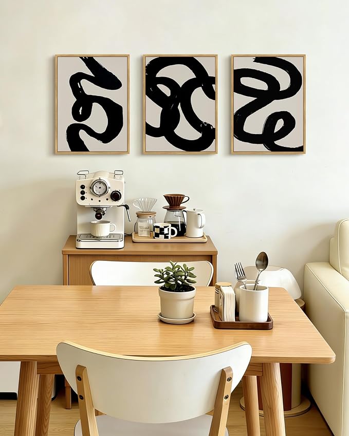 PHOPAGO Black Abstract Modern Framed Wall Art Ink Wash Minimalist Thick Black Lines Paints Artwork Bedroom Living Room Home Decor - 12x16in Natural Framed