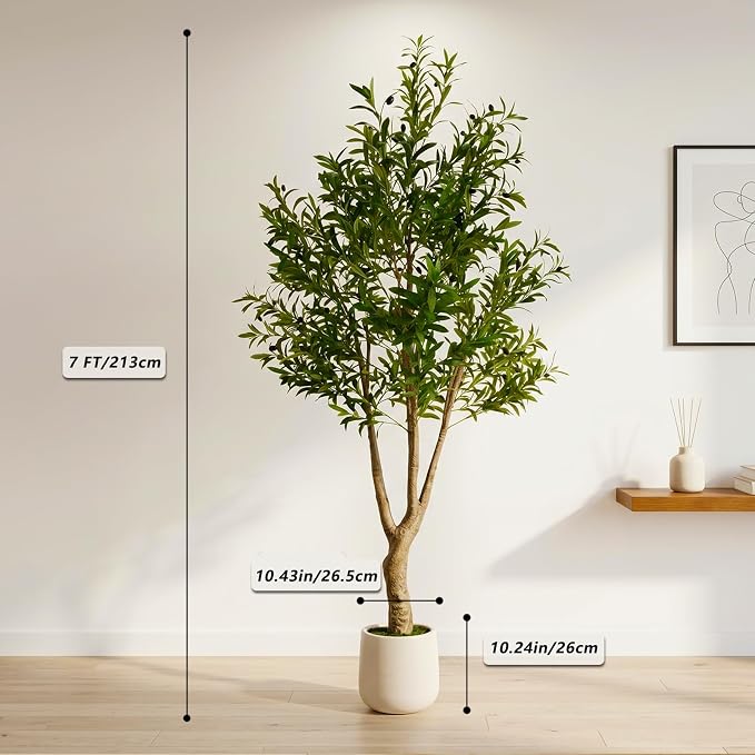 LYLYFAN Olive Tree Artificial Indoor 7FT Faux Olive Tree with White Tall Planter, Fake Olive Tree with Realistic Branches and Lifelike Fruits for Home Office Decor