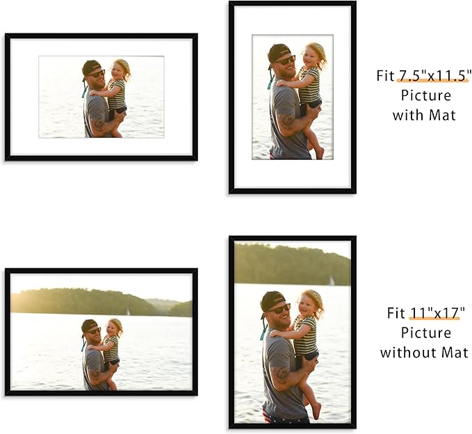 Picrit 11x17 Picture Frame Set of 12, Display 8x12 with Mat or 11x17 without Mat, Photo Frames for Wall Mounting Display, BLACK