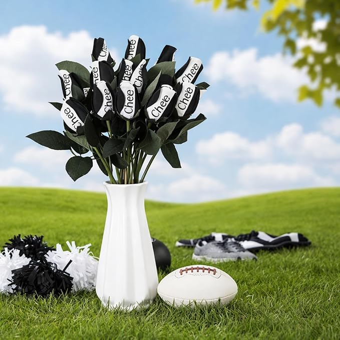 Suhine 12 Pcs Black Cheer Gifts Cheerleader Cheerleading Artificial Rose Flowers Gifts Bulk for Women Cheer Team Sport Game Day Birthday Graduation Party Decorations Favors(Black White, Normal)