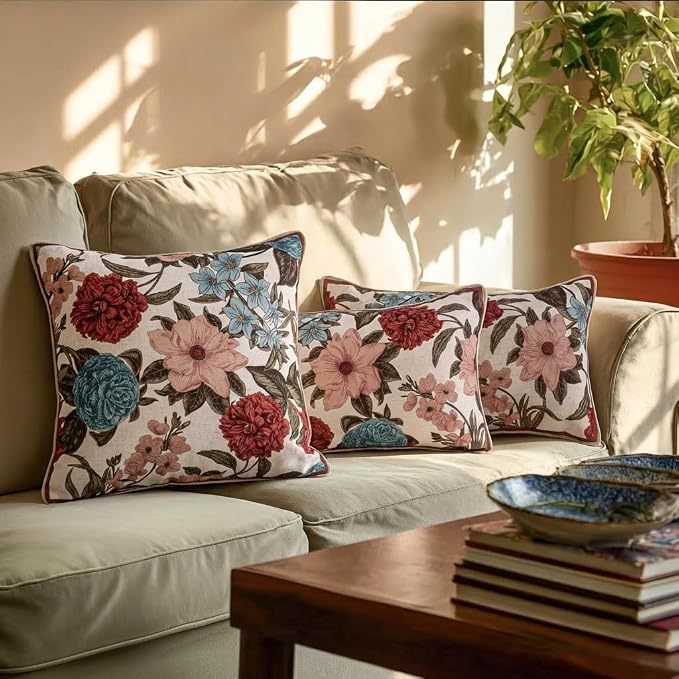 bilin gaier French Linen Throw Pillow Covers,18"x18" Set of 2-Burgundyred | Designer Vintage Elegant Square Pillow Cover,Concealed Zipper,Floral Pattern,Sofas,Bedroom,Living Room,Lounge Chairs