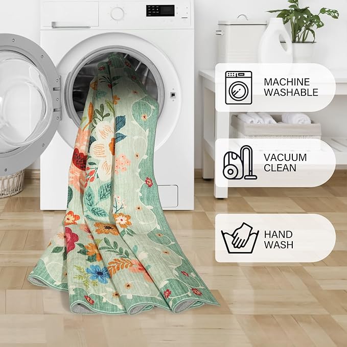 DUKINO 2.6x8 Kitchen Runner Rug for Hallway, Washable Runner Rug with Non Slip Backing, Low Pile Soft Boho Floral Carpet for Hallway, Kitchen, Entryway, Laundry, Bedroom, Green